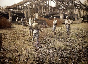 Soldados franceses instalando alambre de púas cerca del edificio de almacenamiento de botellas, en una fábrica de vidrio gravemente dañada, Verrerie Saint-Grobain de Vauxrot, Cuffies, Aisne, Francia, 1917 de Fernand Cuville